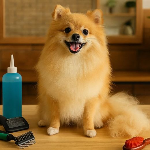 Lulu da Pomerânia escovado sobre a mesa de tosa, ao lado dos produtos usados no atendimento
