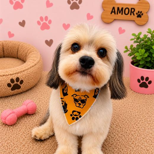 Publicação da Love Pet com cachorro de bandana laranja em cenário de corações