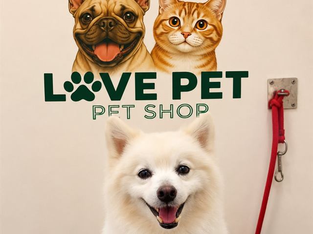Cachorro spitz posando na frente do painel com a marca Love Pet Pet Shop